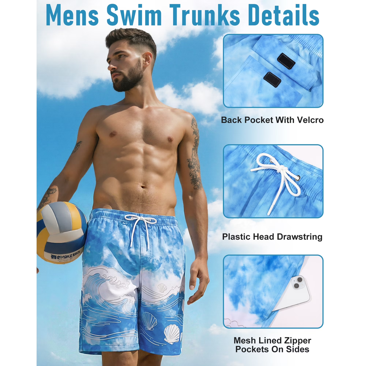 Justay Story Mens Swim Trunks 9" with 2 in 1 Compression Breathable Liner Zipper Pockets Quick Dry Swim Bathing Suit Summer Beach Hawaiian Shorts, Size S-2XL