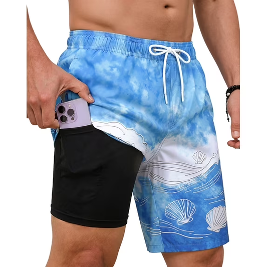 Justay Story Mens Swim Trunks 9" with 2 in 1 Compression Breathable Liner Zipper Pockets Quick Dry Swim Bathing Suit Summer Beach Hawaiian Shorts, Size S-2XL