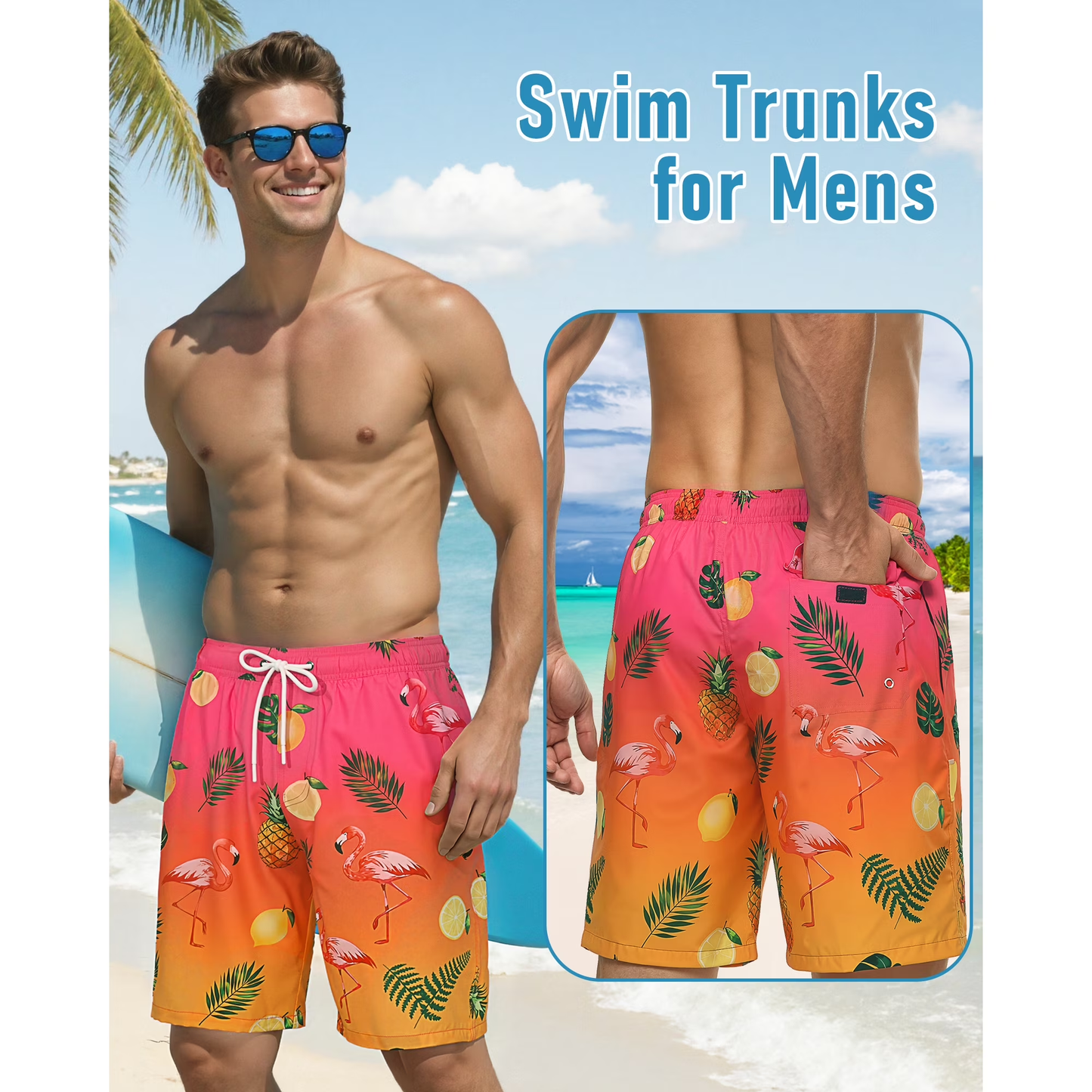 Justay Story Mens Swim Trunks 9" with 2 in 1 Compression Breathable Liner Zipper Pockets Quick Dry Swim Bathing Suit Summer Beach Hawaiian Shorts, Size S-2XL