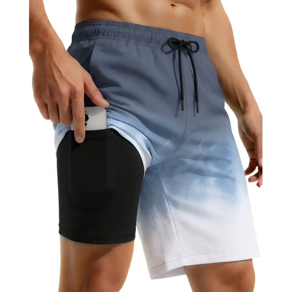 Justay Story Mens Swim Trunks 9" with 2 in 1 Compression Breathable Liner Zipper Pockets Quick Dry Swim Bathing Suit Summer Beach Shorts, Size S-2XL