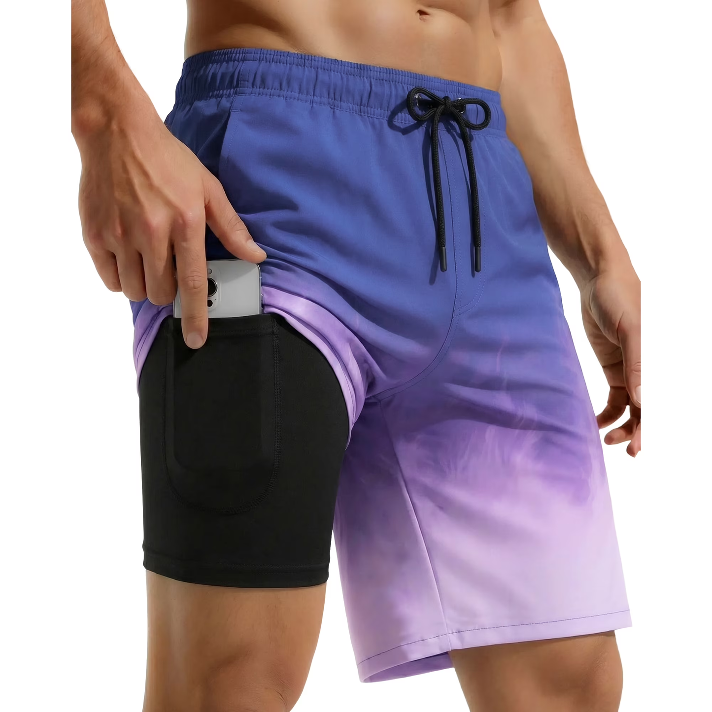 Justay Story Mens Swim Trunks 9" with 2 in 1 Compression Breathable Liner Zipper Pockets Quick Dry Swim Bathing Suit Summer Beach Shorts, Size S-2XL