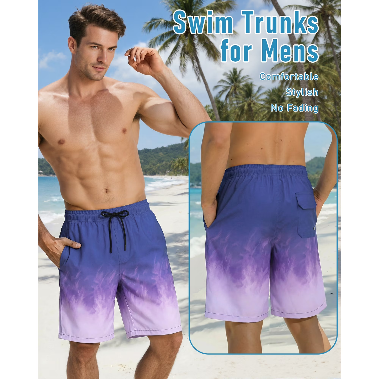 Justay Story Mens Swim Trunks 9" with 2 in 1 Compression Breathable Liner Zipper Pockets Quick Dry Swim Bathing Suit Summer Beach Shorts, Size S-2XL
