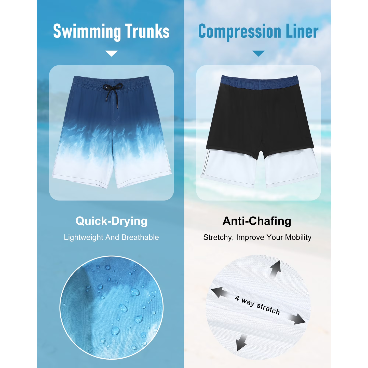 Justay Story Mens Swim Trunks 9" with 2 in 1 Compression Breathable Liner Zipper Pockets Quick Dry Swim Bathing Suit Summer Beach Shorts, Size S-2XL