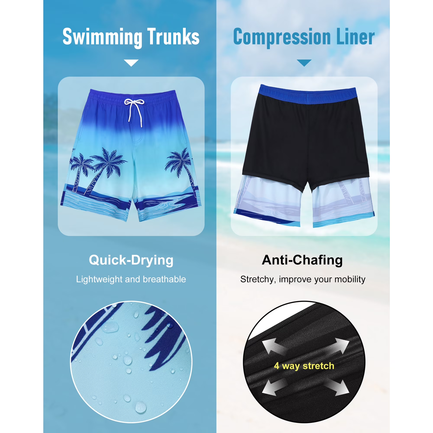 Justay Story Mens Swim Trunks 9" with 2 in 1 Compression Breathable Liner Zipper Pockets Quick Dry Swim Bathing Suit Summer Beach Hawaiian Shorts, Size S-2XL